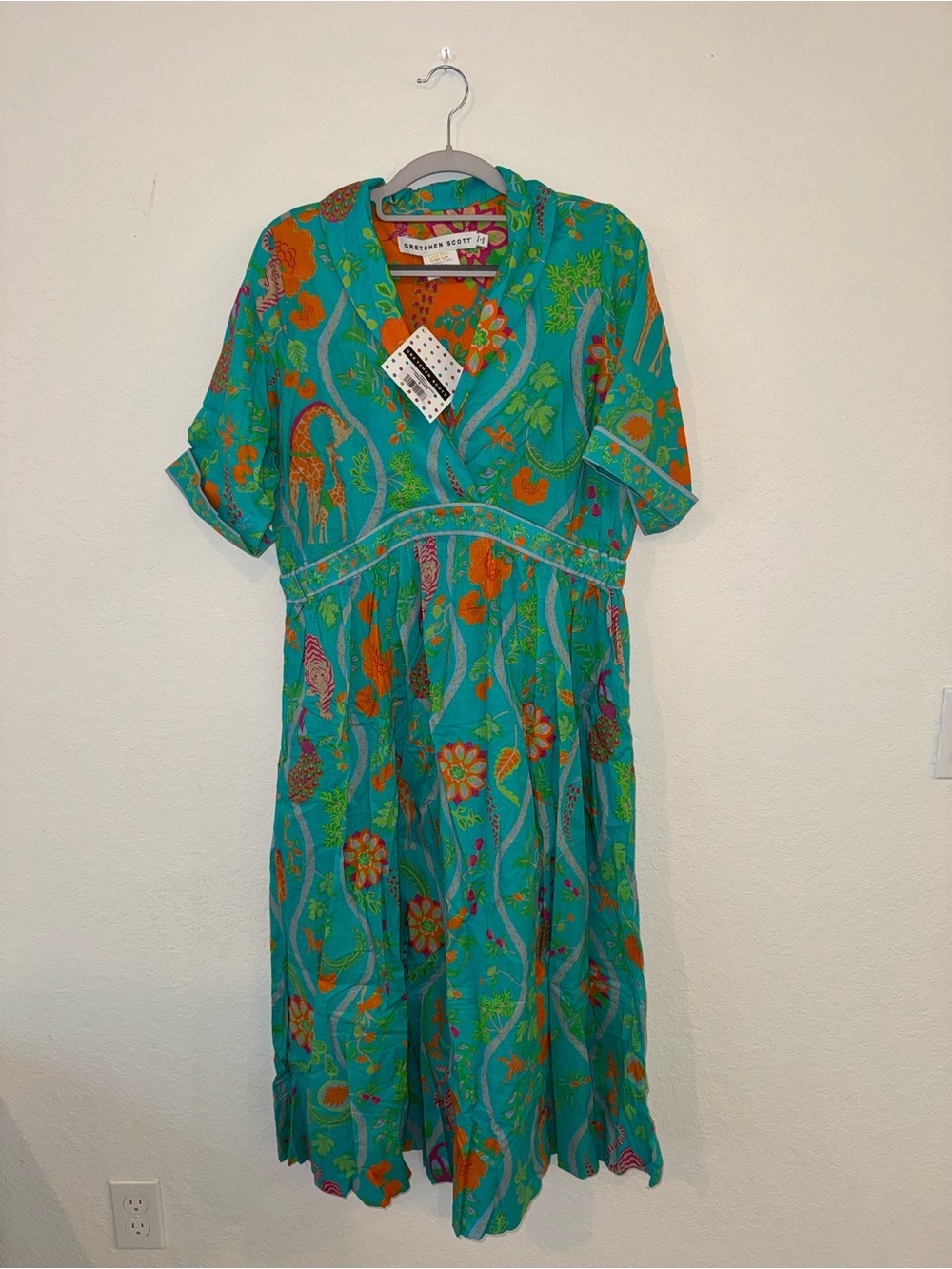 Gretchen Scott Designs Teal Floral Midi Dress Linen Short Sleeve